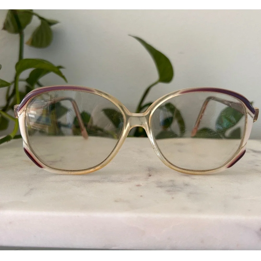 Vintage Oversized Two Tone Optical Frames Clear Tan and Burgundy Retro Glasses